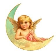 Victorian style drawing, baby Angel on moon