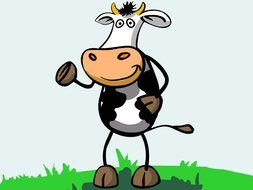 cartoon cow stands on two legs in a meadow