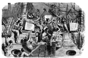 illustration of the Boston Tea Party in a book