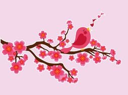 cartoon pink bird on a flowering cherry branch