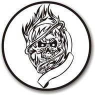 painted skull on fire in a white circle