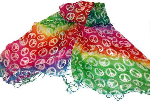 thin multi-colored scarf with drawings