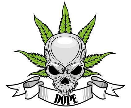 dope, skull in front of canabias leaf, banner