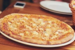 italian pizza with cheese on a white plate close-up on a blurred background