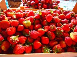 strawberries in wooden boxes