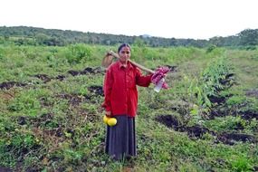 peasant woman on the field with a shovel