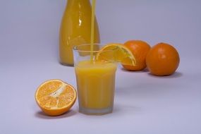 orange juice in glass with slice of orange