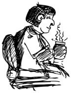 a happy man drinking hot tea drawing