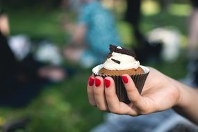 chocolate cupcake in hand close-up on blurred background