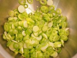 cut into rings leek in a deep dish