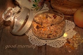muesli in clear dish on table