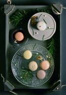 sweet macaroons on a serving tray