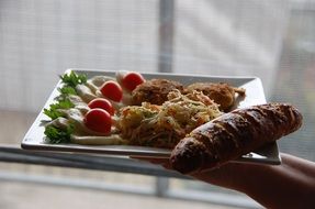 meat, vegetables and bread on tray, healthy snack