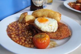 chicken chop with egg and beans