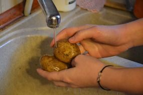 washing the potatoes under the tap