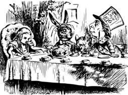 alice in wonderland tea party black and white sketch