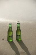 two bottles of heineken beer on the beach