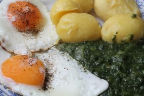 fried eggs with spinach and potatoes