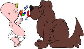 graphic image of a kid with candy near a big dog