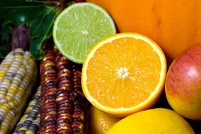 colorful citrus fruit and apple close-up