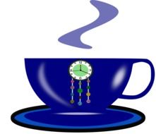 drawing of blue tea cup with clock