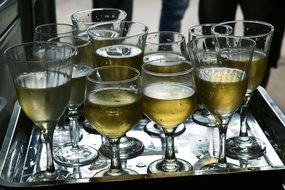 cooled white wine in different glasses