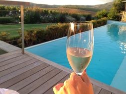 a glass of champagne in hand against the background of the pool