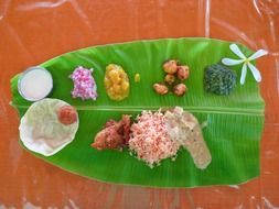 indian cuisine on banana leaf