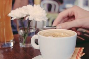 cappuccino coffee cup in cafe interior