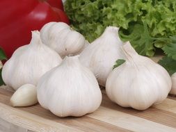 white heads of hot garlic on a wooden board