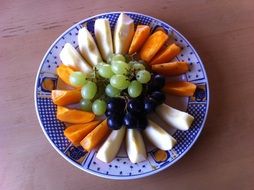 sliced fruit and grapes on a plate