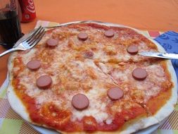 pizza with sausage on a plate