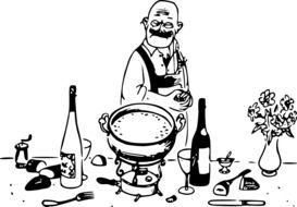 Black and white drawing of a cook near a fondue