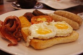 English breakfast with eggs and sausages