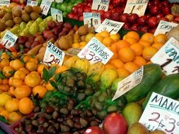 fresh fruit with price tags on the market