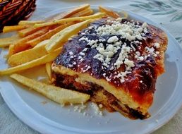 mousaka with french fries