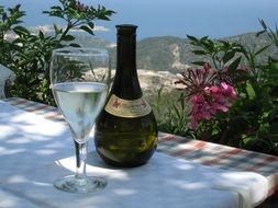 a glass of white wine and a bottle on the table in Greece