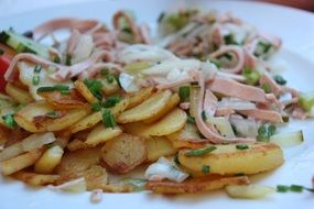 dish with fried potatoes and sausage