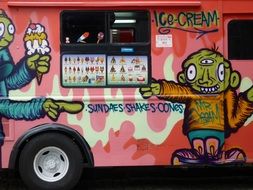 colorful aliens, painting on side of food truck, new york glacier