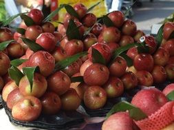 fresh red apples in piles on market