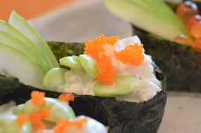 delicious japanese sushi close-up on blurred background