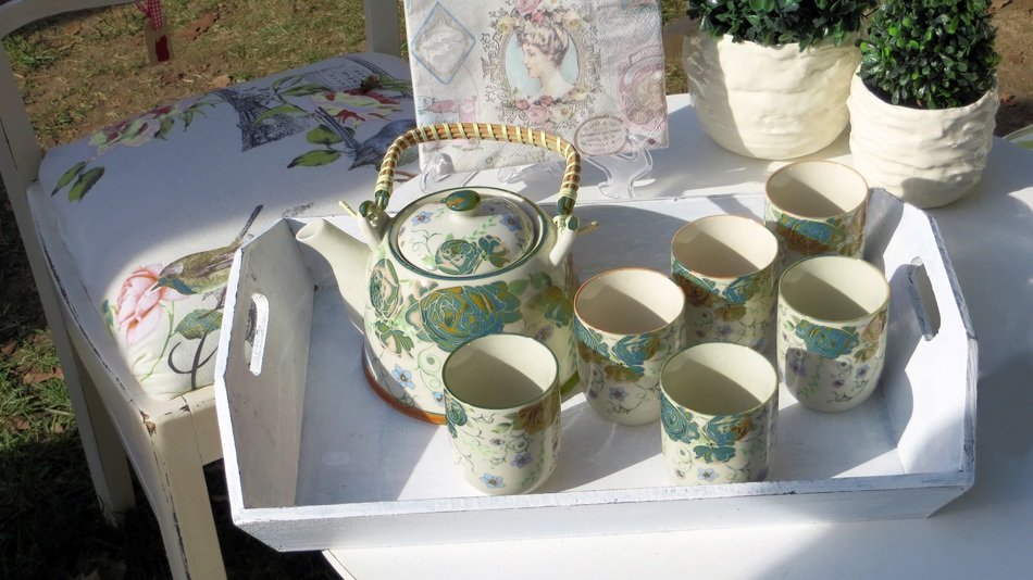 tea set served on table outdoor