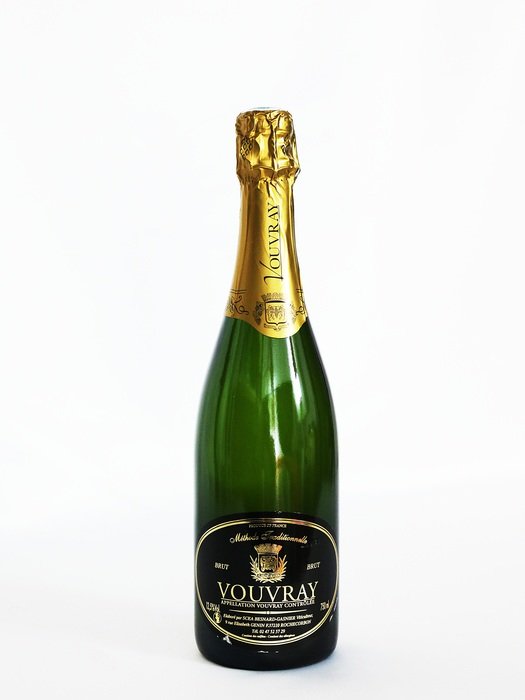 'Vouvray' champagne bottle on white background
