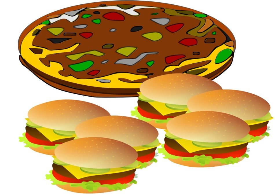pizza and hamburgers, fast food drawing