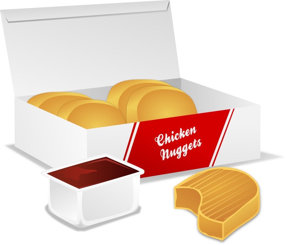 white box with chicken nuggets and sauce at white background