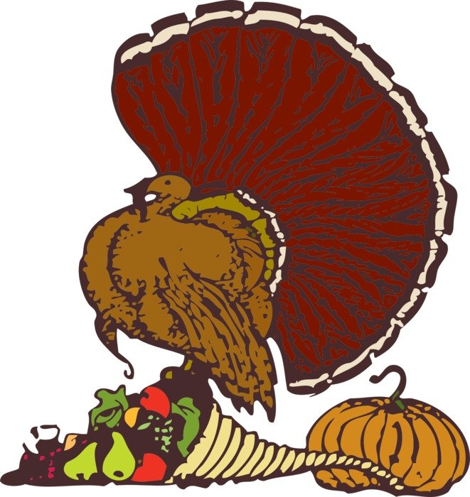 graphic image of a turkey with a cornucopia