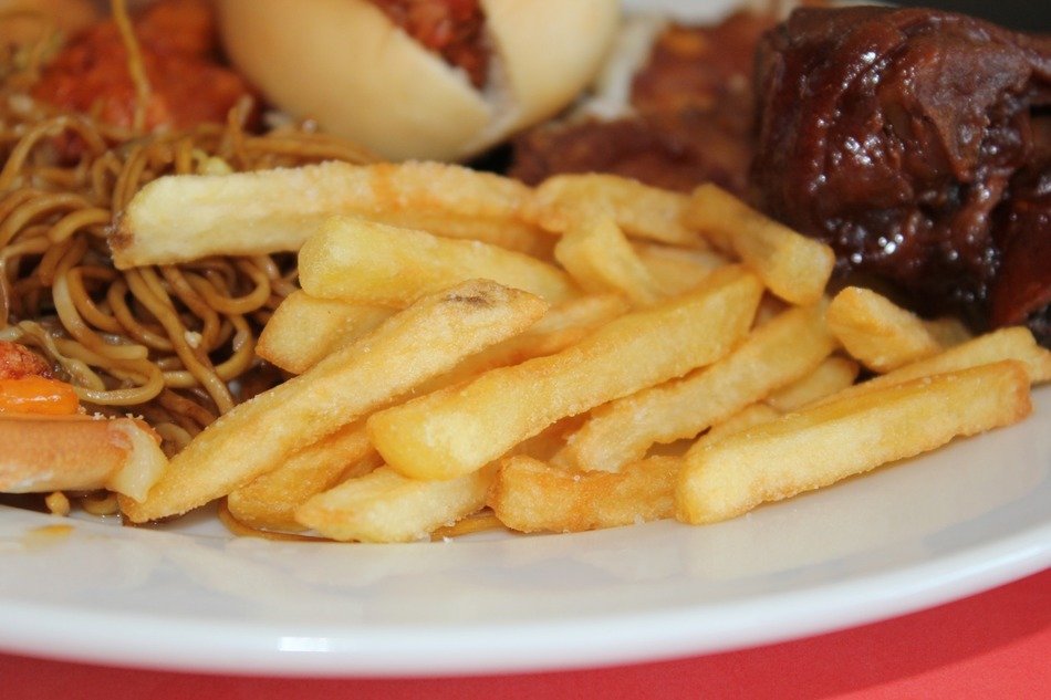 tasty french fries and meat food