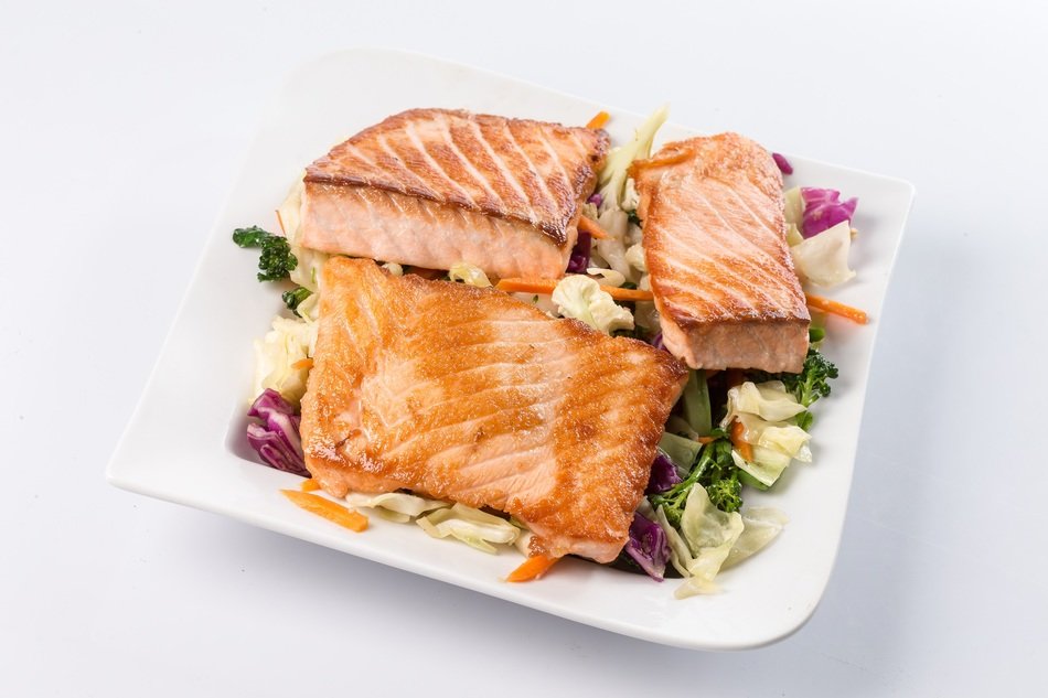 teppan salmon on a vegetable pillow