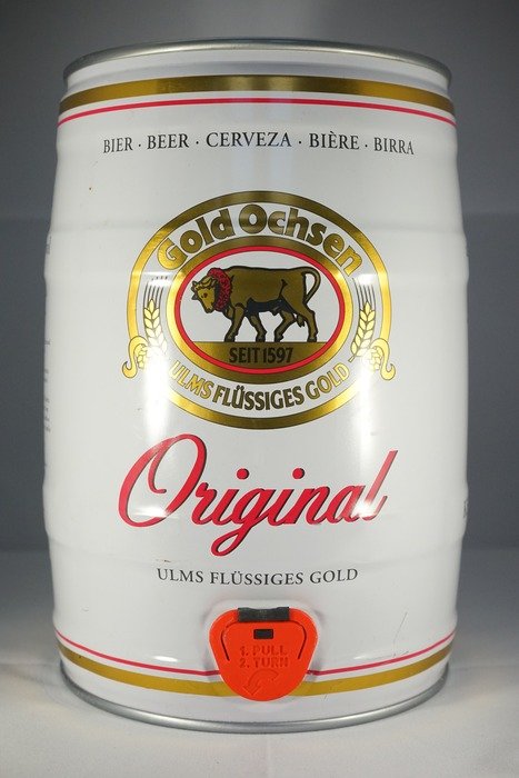 big metal can with beer original gold ochsen