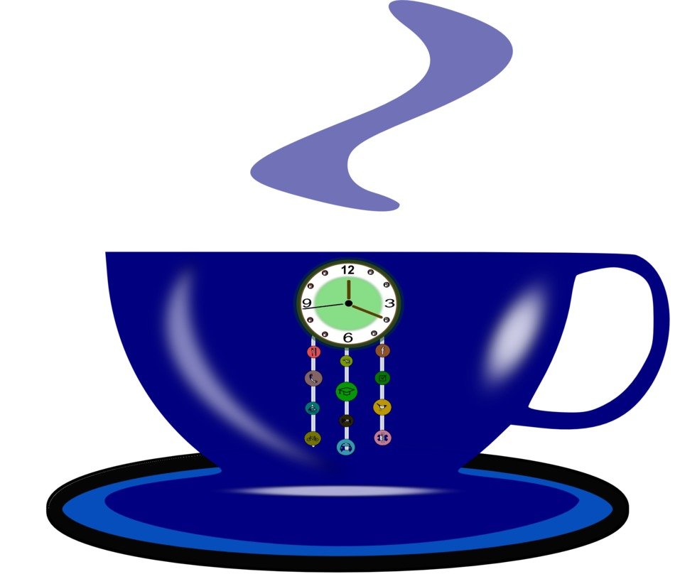 drawing of blue tea cup with clock